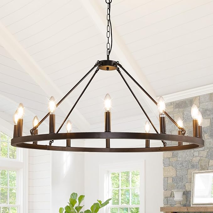 12-Light Black Farmhouse Chandelier, Large Wagon Wheel Chandeliers, Rustic Entryway Lighting Fixture, Foyer Chandeliers for High Ceilings, Round Chandelier for Living Room, Bedroom, Kitchen Island
