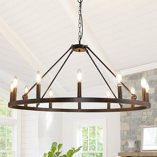 12-Light Black Farmhouse Chandelier, Large Wagon Wheel Chandeliers, Rustic Entryway Lighting Fixture, Foyer Chandeliers for High Ceilings, Round Chandelier for Living Room, Bedroom, Kitchen Island