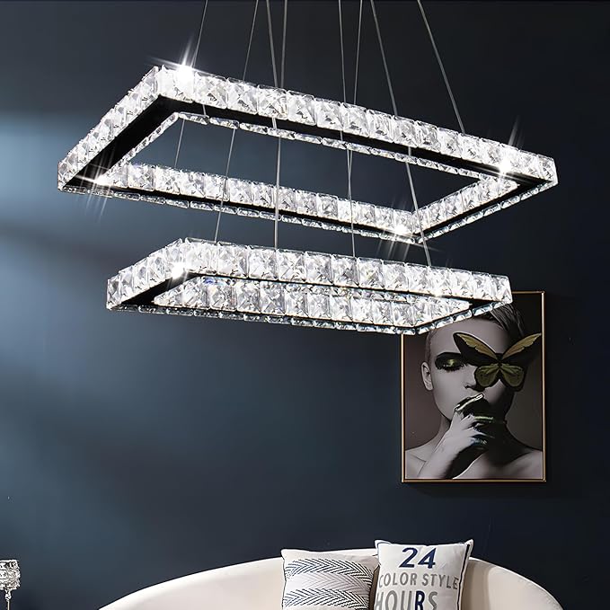 Finktonglan Modern Crystal Chandelier, Rectangular Double Ring LED Pendant Light, 6000K Cool White Non-Dimmable, Height Adjustable Hanging Light Fixture for Dining Room Living Room Bedroom