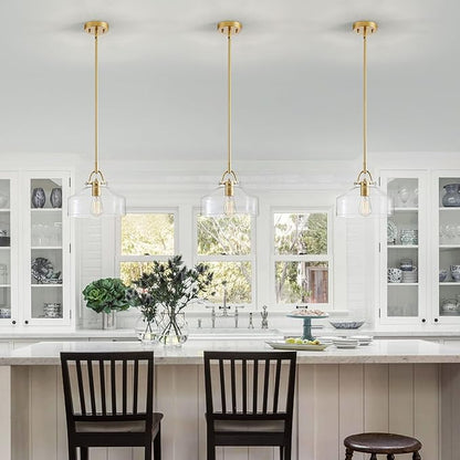 WUZUPS Chandelier Rustic Farmhouse Industrial Round Ceiling Pendant LED Light Fixture with Clear Glass Shades for Dining Room Kitchen Island Foyer Entryway, H 9.4" x W 10.6", E26 Base, Gold