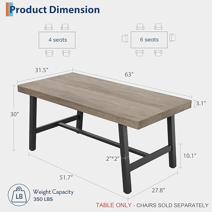 GarveeHome 63 Inch Apartment Kitchen Table for 4-6 People, Industrial Rectangular Table for Dining Room, Heavy Duty Metal Frame, Rustic Grey, Multipurpose Work Table