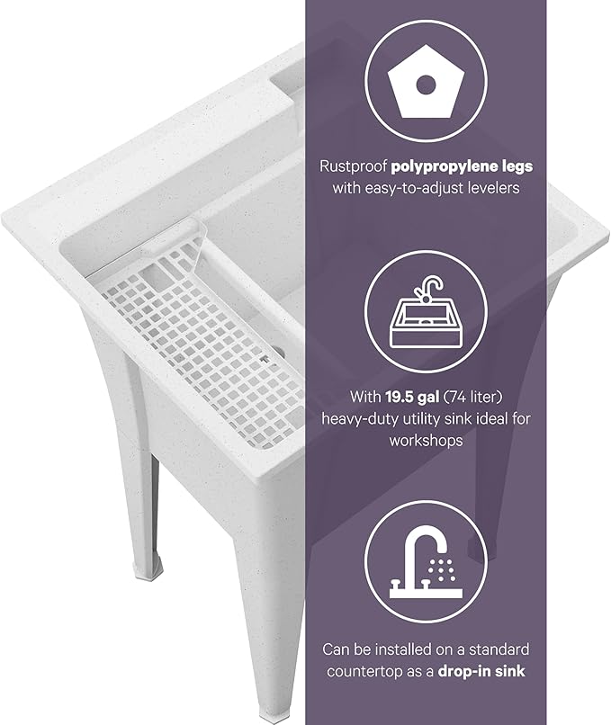 24” Utility Sinks for Laundry Room, Garage, Garden, Basement – Noah William Home Indoor and Outdoor Polypropylene Basement Wash Tub - No Faucet Included (White)