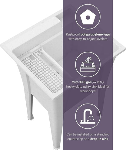 24” Utility Sinks for Laundry Room, Garage, Garden, Basement – Noah William Home Indoor and Outdoor Polypropylene Basement Wash Tub - No Faucet Included (White)