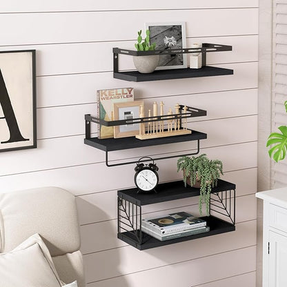 Fixwal 3+1 Tier Wall Mounted Bathroom Shelves Over Toilet, Rustic Wood Floating Shelves with Metal Frame and Towel Bar for Bathroom, Kitchen, Bedroom, Living Room (Black)