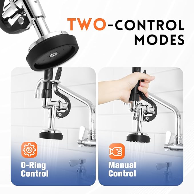 25" Height Commercial Faucet Wall Mount with Sprayer 8" Adjustable Center 12" Swing Spout, Wall Mount Kitchen Sink Faucet with Pull Down Pre-Rinse Sprayer for 1/2 Compartment Sink