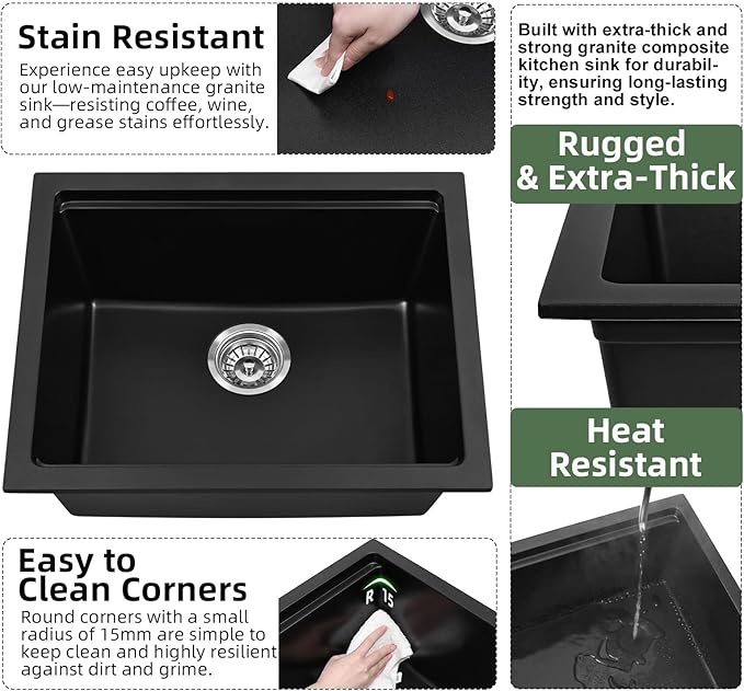 Davivy 22 Inch Black Granite Composite Kitchen Sink Workstation, 22 x 18 Black Undermount/Drop In Kitchen Sink, Deep Quartz Single Bowl with Accessories