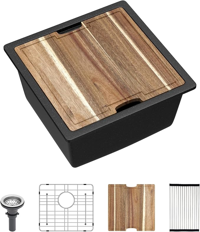 18x18 Outdoor Kitchen Sink Undermount Black Granite Composite Bar Prep Workstation Sink Black Granite Composite Quartz Single Bowl Rv Camper Small Outdoor Sinks with Cutting Board