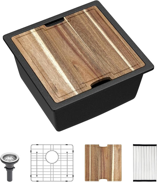 18x18 Outdoor Kitchen Sink Undermount Black Granite Composite Bar Prep Workstation Sink Black Granite Composite Quartz Single Bowl Rv Camper Small Outdoor Sinks with Cutting Board