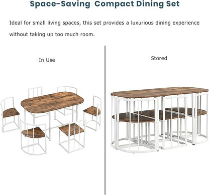 RuiSiSi Modern Dining Table Set for 6 Kitchen Table Set with 6 Dining Chairs and Faux Marble Tabletop for Kitchen, Dining Room, Small Space, Cherry+White