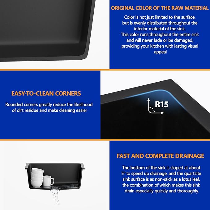 22 x 17 Undermount/Drop-in Kitchen Sink, Single Bowl Quartz Granite Composite Sink, Matte Black, Center Drain for Small Kitchen & Remodel, #DC-GU7747