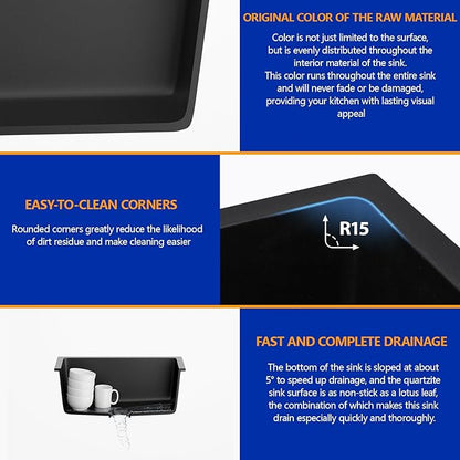 22 x 17 Undermount/Drop-in Kitchen Sink, Single Bowl Quartz Granite Composite Sink, Matte Black, Center Drain for Small Kitchen & Remodel, #DC-GU7747