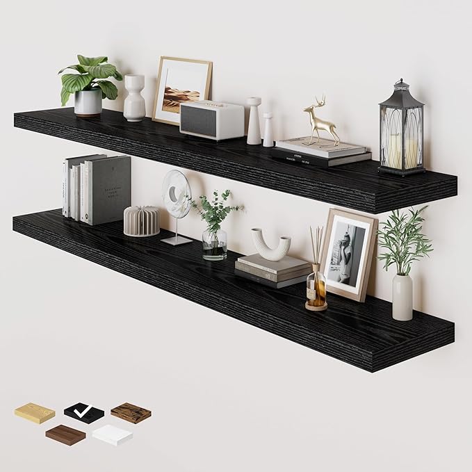 RICHFOCUS Deep Floating Shelves for Wall 2 Pack 12" D 36 Inch Wall Shelves for Room Wall|Wood Hanging Shelf with Invisible Brackets for Bathroom Bedroom Kitchen Laundry Room, Black