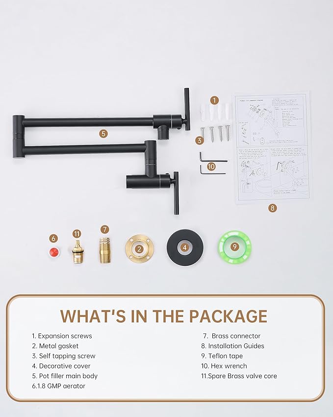 Fransiton Matte Black Pot Filler, Pot Filler Faucet Wall Mount, Brass Folding Stretchable with Double Joint Swing Arm Single Hole Two Handles Kitchen