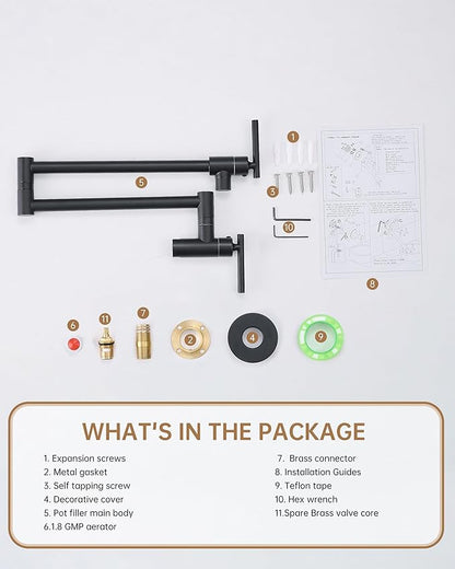 Fransiton Matte Black Pot Filler, Pot Filler Faucet Wall Mount, Brass Folding Stretchable with Double Joint Swing Arm Single Hole Two Handles Kitchen