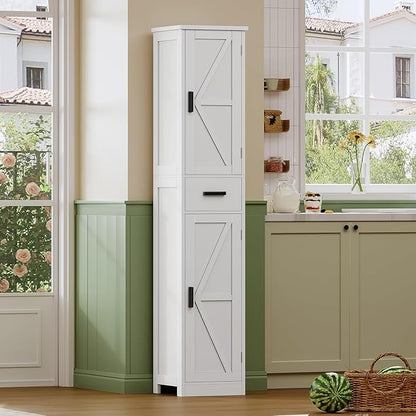 WEENFON 67 Tall Bathroom Cabinet with 6 Shelves & 1 Drawer, Narrow Storage Cabinet with Adjustable Shelves, Silm Cabinet for Living Room, Kitchen, White