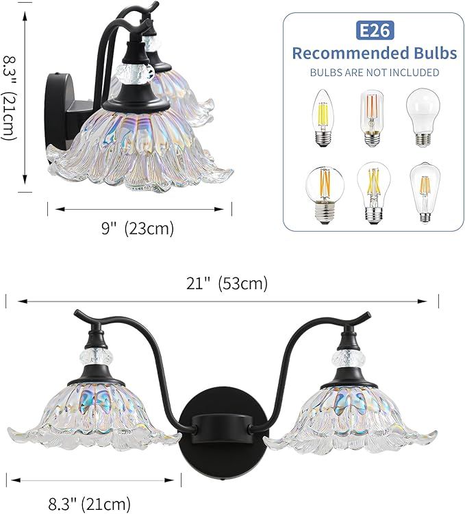 Vintage Bathroom Vanity Light Fixtures - 2 Light Iridescent Flower Glass Antique Matte Black Bathroom Light Fixture Over Mirror,Retro High End Wall-Mounted Vanity Lighting for Bath Powder Room