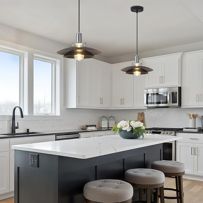 Black Pendant Lights Kitchen Island 2 Pack, 11.8 inch Farmhouse Kitchen Pendant Lighting with Double-Tier Shade, Modern Dining Room Light Fixtures, Mid Century Pendant Light