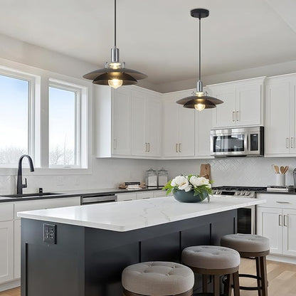 Black Pendant Lights Kitchen Island 2 Pack, 11.8 inch Farmhouse Kitchen Pendant Lighting with Double-Tier Shade, Modern Dining Room Light Fixtures, Mid Century Pendant Light