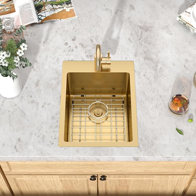 15 x 20 Inch Gold Drop In Bar Sink with Faucet, 16 Gauge 304 Stainless Steel Single Bowl Sink with Gold Finish for Kitchen Bars, RV, and Boat #TLT-0031