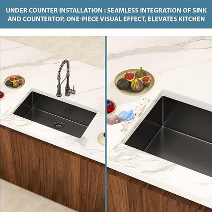30 Inch Black Undermount Kitchen Sink Single Bowl 18 Guage Stainless Steel 30"x18"x9" Deep Under Counter Kitchen Sinks Basin R10 Round Corners Handmade Sink