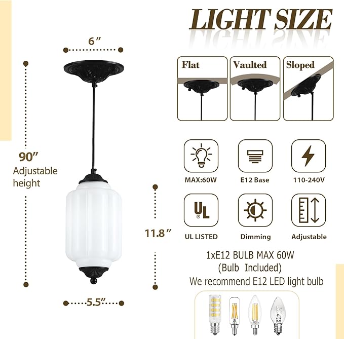 Vintage Schoolhouse Pendant Light Milk Glass Pendant Light White Farmhouse Chandelier Glass Pendant Light Fixture for Kitchen Island Lighting, Dining Room, Foyer, Bulb Included