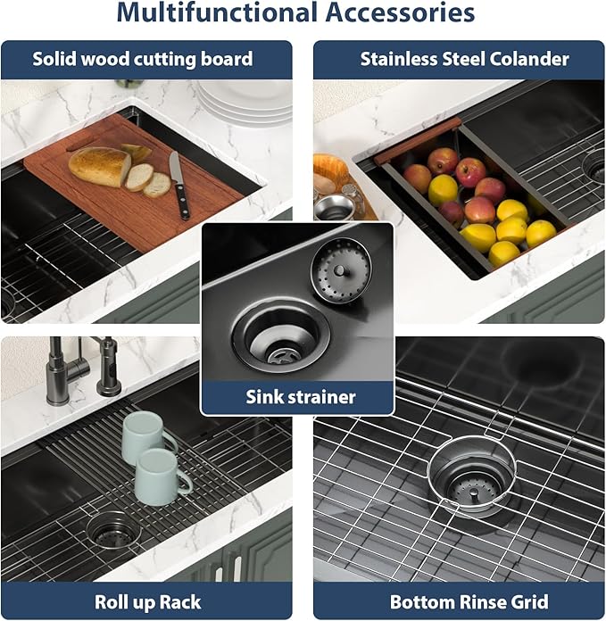 Lordear Luxury 45 Black Undermount Kitchen Sink NANO PVD Large Ledge Workstation T304 16 Gauge Stainless Steel Single Bowl Under Counter, 45''x19''x10''