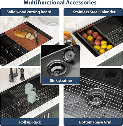 Lordear Luxury 45 Black Undermount Kitchen Sink NANO PVD Large Ledge Workstation T304 16 Gauge Stainless Steel Single Bowl Under Counter, 45''x19''x10''