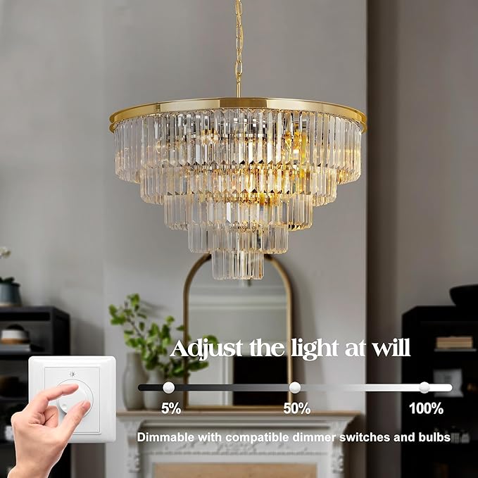 Gold Plated Modern Crystal Chandeliers Lighting Contemporary Pendant Chandelier Ceiling Lamp Lights Fixture 5-Tier (10 Lights) for Dining Living Room Entryway W28 Inch
