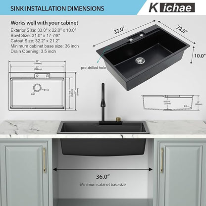 Kichae 33 Kitchen Sink Drop In Waterfall - 33"x22" Black Granite Quartz Composite Smart Single Bowl Waterfall Workstation with Pull Down Faucet Combo