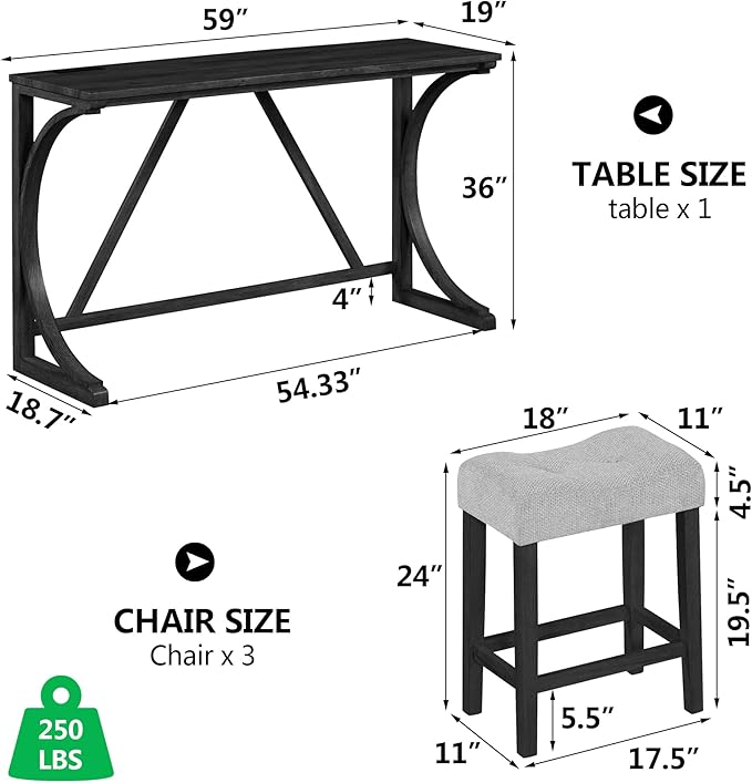 Betoko Counter Height Table and Chairs Set of 4, Breakfast Nook Bar Table with Outlet and Stools, Grey Black