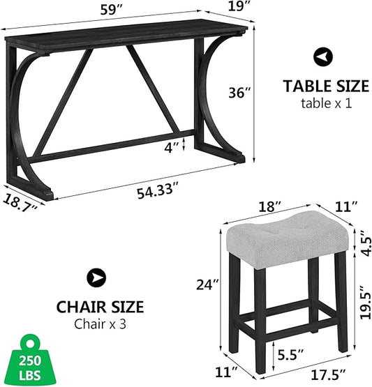 Betoko Counter Height Table and Chairs Set of 4, Breakfast Nook Bar Table with Outlet and Stools, Grey Black