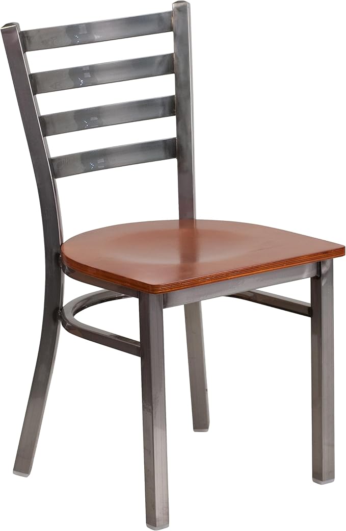Flash Furniture HERCULES Series Clear Coated Ladder Back Metal Restaurant Chair - Cherry Wood Seat