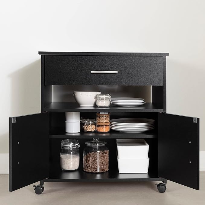 South Shore Axess Microwave Cart on Wheels Pure Black, Contemporary