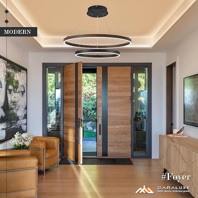 2 Ring LED Chandelier Black Walnut Wood Chandelier for Dining Room 24in Dimmable Circular Chandeliers Light Round Chandeliers for Bedroom Kitchen Entryway Living Room