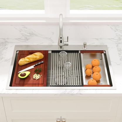 Sarlai 33 Drop In Kitchen Sink with Faucet- 33x22 Inch Drop Kitchen Sink Ledge Workstation Sinks 16 Gauge Stainless Steel Single Bowl Topmount Sinks Basin with Pull-out Faucet