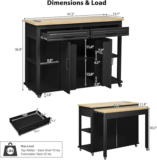 Kitchen Island with Extendable Dining Table 2 Drawers and 2 Cabinets Internal Storage Rack and Built-in Power Outlet with Wheels Practical(Black)