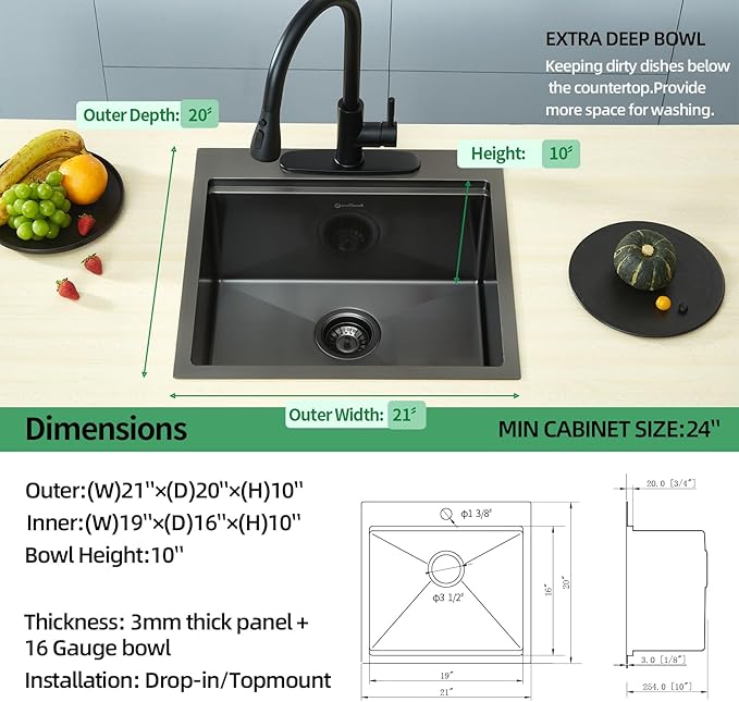 Kitchen Sink, 21 x 20 x 10 Drop in Kitchen Sink 16 Gauge Gunmetal Black Stainless Steel Workstation Sink Topmount Single Bowl with Cutting Board