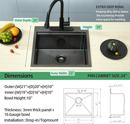 Kitchen Sink, 21 x 20 x 10 Drop in Kitchen Sink 16 Gauge Gunmetal Black Stainless Steel Workstation Sink Topmount Single Bowl with Cutting Board