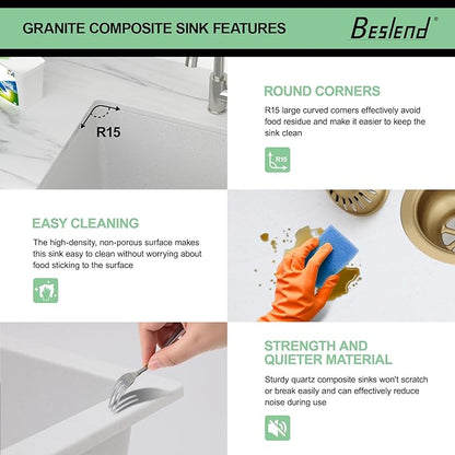 24 Inch Laundry Sink Undermount – 24 x 18 x 12 Inch Quartz Granite Composite White Utility Sink 12 Inch Granite Basin, Durable Single Bowl Deep Basin for Laundry Room
