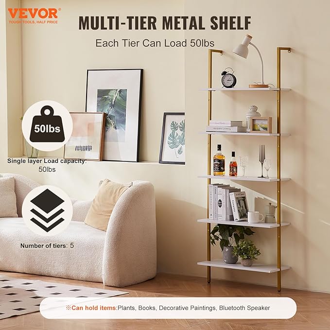 VEVOR Ladder Shelf, 5-Tier Bookshelf 24x11.8in, Open Wall-Mounted Ladder Shelf with Metal Frame,Storage Rack Sundries Holder for Kitchen Bedroom Bathroom Living Room, Gold White