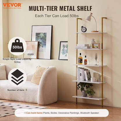 VEVOR Ladder Shelf, 5-Tier Bookshelf 24x11.8in, Open Wall-Mounted Ladder Shelf with Metal Frame,Storage Rack Sundries Holder for Kitchen Bedroom Bathroom Living Room, Gold White