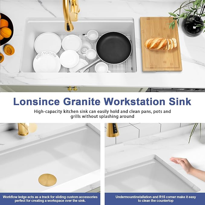 White Undermount Kitchen Sink 30 X 18 inch,Granite Composite Kitchen Sink Undermount/Drop In,Large Single Bowl Workstation Kitchen Sinks (White, 30" X 18")