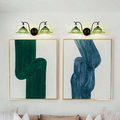 Vintage Bathroom Vanity Light Fixtures - 2 Light Antique Matte Black Bathroom Lights Fixture Over Mirror with Green Flower Glass,Retro High End Wall-Mounted Vanity Lighting for Bath Powder Room