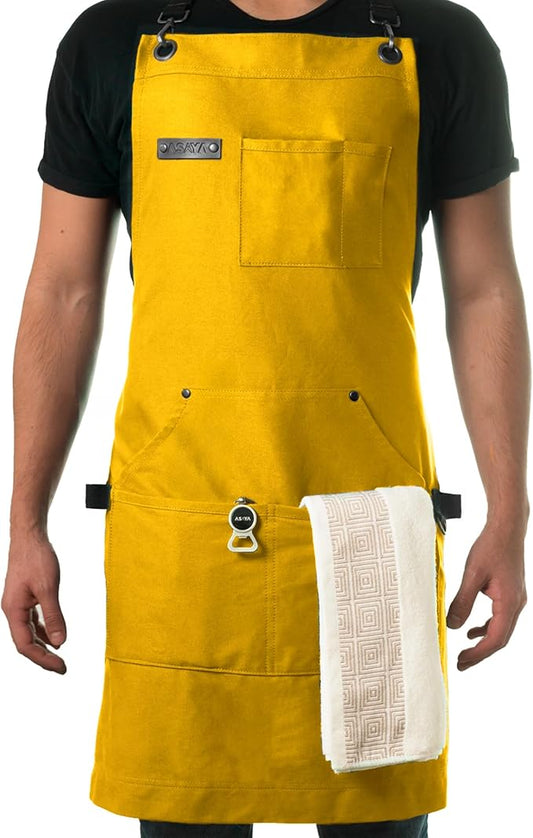 Asaya Chef and BBQ Apron with Bottle Opener and Hand Towel - 10oz Cotton Canvas, Stainless Steel Hardware - Cross Back Straps