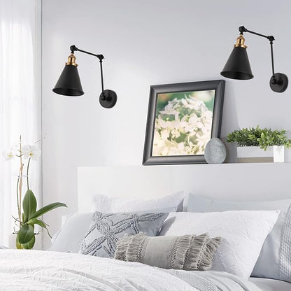JONATHAN Y 7" Black/Brass Gold Classic Industrial Metal Adjustable Arm LED Wall Sconce for Bedside Reading, Farmhouse Swing Arm Wall Lamp with Metal Shade, Hardwired (JYL7462A-SET2)