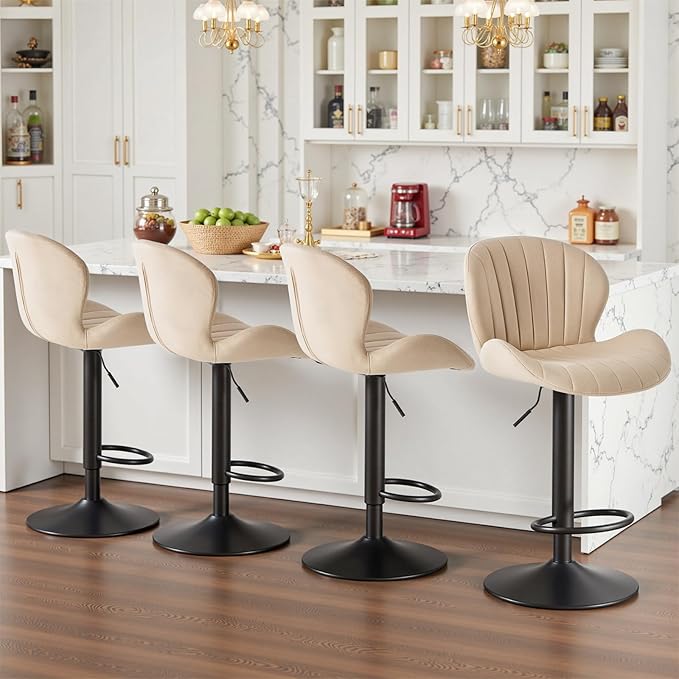 Sweetcrispy Bar Stools Set of 4, Modern Swivel Bar Chairs, Adjustable Fabric Upholstered Barstools Counter Height with Backrest for Bar, Kitchen Island, Dining Room, Beige