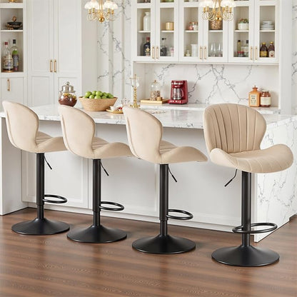 Sweetcrispy Bar Stools Set of 4, Modern Swivel Bar Chairs, Adjustable Fabric Upholstered Barstools Counter Height with Backrest for Bar, Kitchen Island, Dining Room, Beige