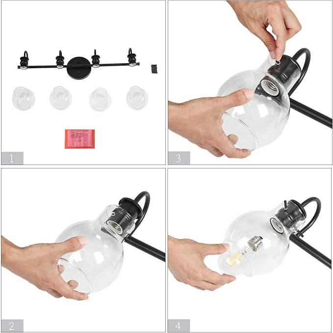 KSANA Black Bathroom Light Fixtures, 4-Light Modern Farmhouse Black Vanity Lights with Clear Glass Shade Over Mirror for Hallway, Kitchen, Bedroom, and Living Room