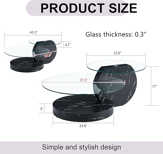 Glass Coffee Table, Modern Round Glass Coffee Table with Wooden Base, 3 Tier Round Coffee Table, Clear Cocktail Table with Storage for Living Room, Office, Balcony (42″ Black)