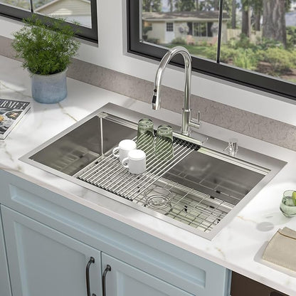 33"x22" Drop In Kitchen Sink Ledge Workstation – 16 Gauge 304 Stainless Steel Above Counter Deep Single Bowl Top Mount Sink Basin